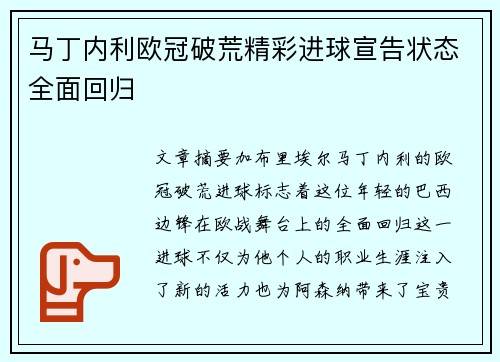 马丁内利欧冠破荒精彩进球宣告状态全面回归